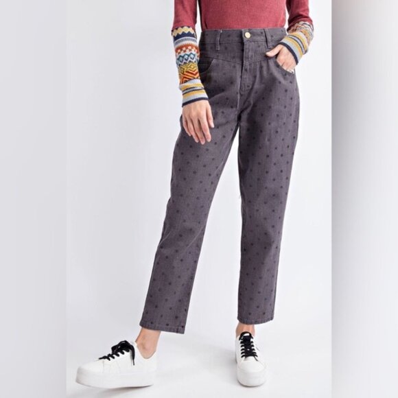 Easel Polka Dot Garment Dyed High Waisted Straight Leg Pants New Medium Black - Picture 3 of 10